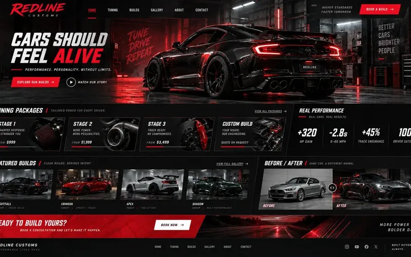 Redline Customs — Automotive website concept design by NextGen