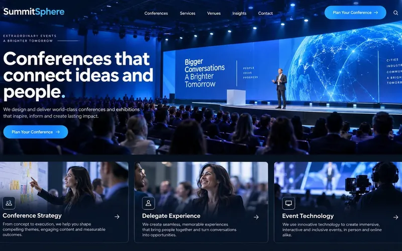 Summitsphere Conferences — Events & Exhibitions website concept design by NextGen