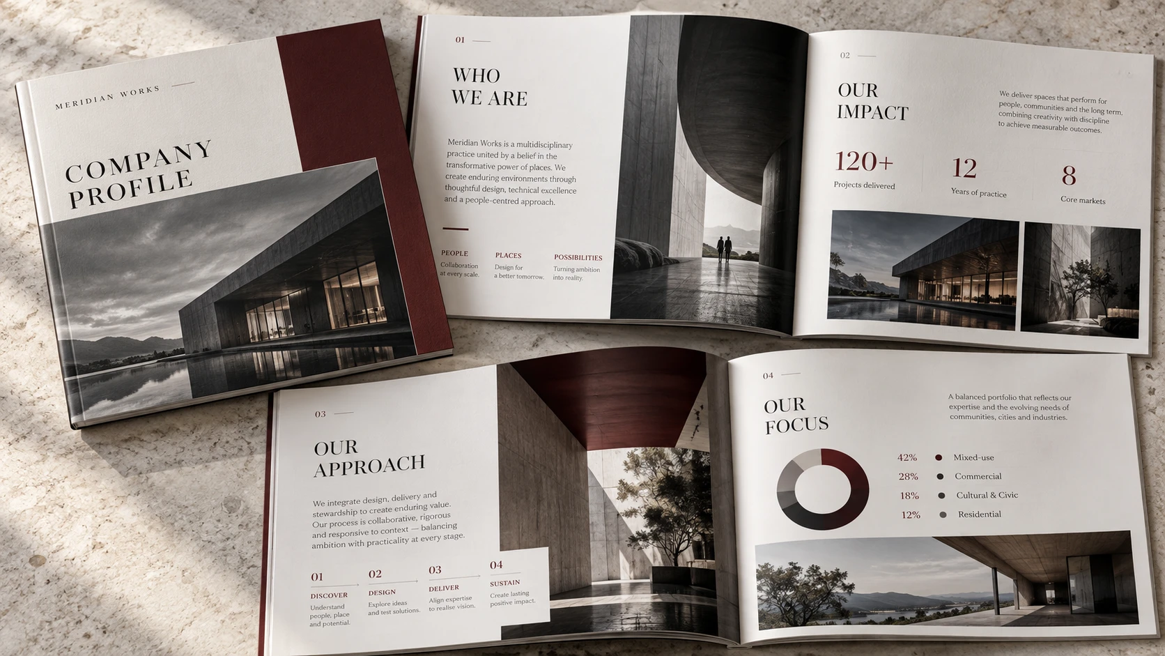 Illustrative company profile design alternative concept board