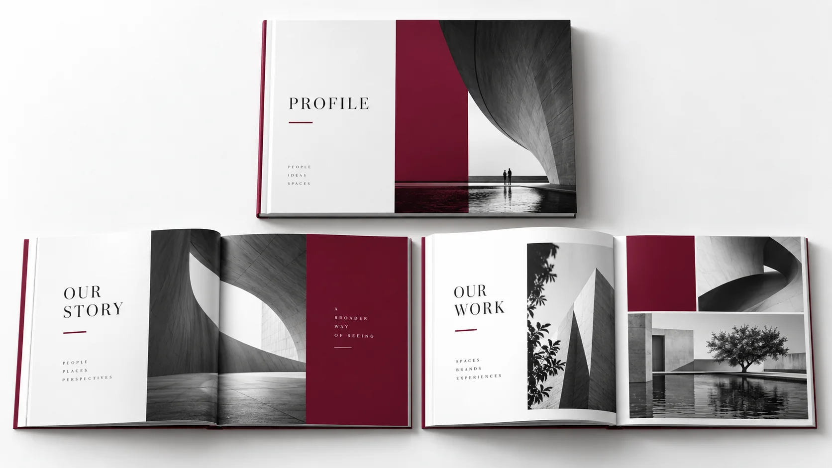 Illustrative company profile design sample designs in realistic mockups